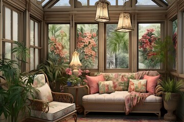 Fototapeta premium Neo-Victorian Sunroom Designs: Gaslight Chandeliers, Botanical Prints, Needlepoint Cushions Ensemble