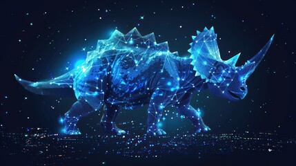 with shiny blue triceratops silhouette on the dark background AI generated - obrazy, fototapety, plakaty