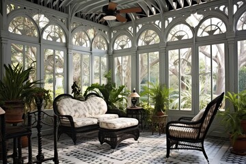 Fototapeta na wymiar Neo-Victorian Sunroom Designs: Louvered Shutters, Fanlight Windows, and Wrought Iron Chaises - Bright Elegance for Contemporary Spaces