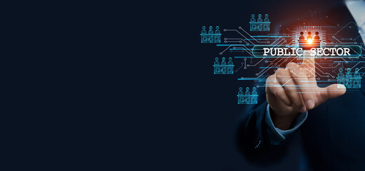 Businessman hand touching virtual graphical interface in the public sector. Idea for governmental solutions and civic advancements in a global public service concept.