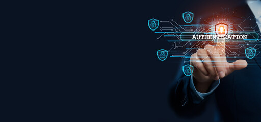 Businessman hand touching virtual graphical interface of cybersecurity. Idea for secure solution...