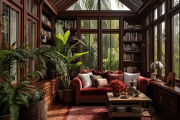 Fototapeta premium Neo-Victorian Sunroom Designs: Velvet Cushions, Mahogany Bookcases, Potted Palms Elegance