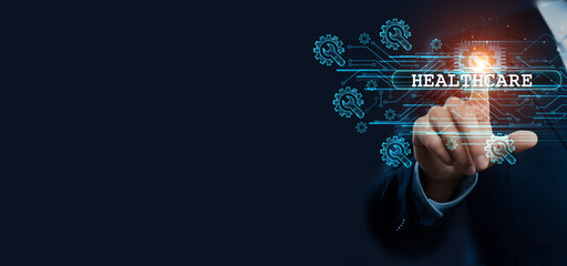Businessman hand touching virtual graphical interface of manufacturing. Idea for digital solution...