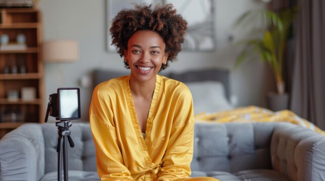 Young African-American Woman in Yellow Robe Creating Content at Home