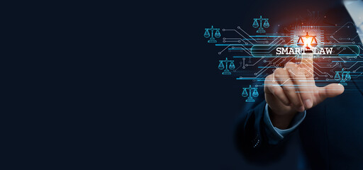 Businessman hand touching virtual graphical interface of smart law. Idea for legal solution and technology integration, advancement in the global legal services concept.