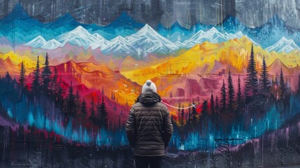 Woman Contemplating Vibrant Street Art Mural of Mountainscape, Embracing Urban Culture