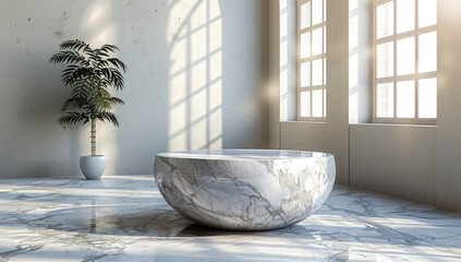A large white bathtub in the center of an open bright bathroom with arched windows and green plants, marble floor. Created with Ai - obrazy, fototapety, plakaty