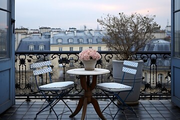 Parisian Rooftop Cafe Terrace Ideas: Bistro Chairs & Marble Top Tables Elegance - obrazy, fototapety, plakaty