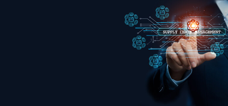 Businessman hand touching virtual graphical interface of Supply Chain Management. Idea for efficient logistics solution and streamlined operations, revolutionizing in-depth global.