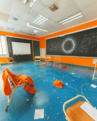 Messy Classroom After School Hours: Orange Color Scheme and Student Desks