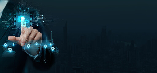 Businessman touching the brain working of engineering in the realms of automation and robotics on a futuristic digital interface and advanced technological systems.