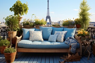 French Blue Cushions & Antique Planters: Parisian Rooftop Cafe Terrace Ideas
