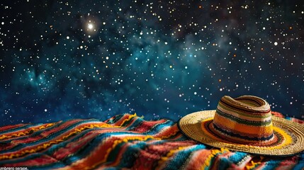 A Mexican hat known as a sombrero rests casually on a brightly colored serape the vibrant scene unfolding beneath the starlit sky of a Mexican desert at night - obrazy, fototapety, plakaty