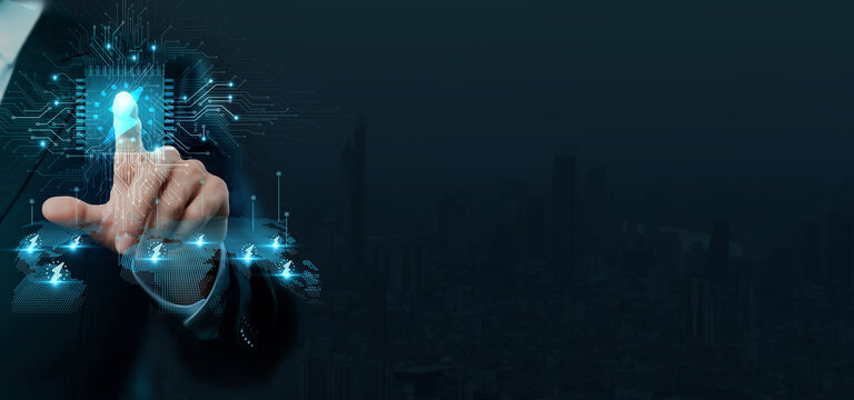 Businessman touching the brain working of Energy in the intersection of technology and innovation on data analytics and interconnected neural connection. - Powered by Adobe