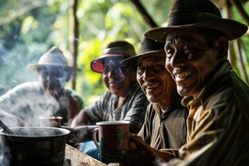 Coffee Farmers Taking a Break From Their Work to Enjoy a Cup of Freshly Brewed Coffee, Generative AI