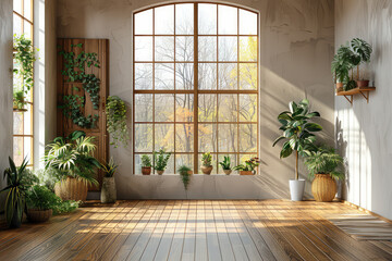 Sunny day, large window with a wooden frame, tropical plants in pots on the floor, light wood parquet flooring. Created with Ai - obrazy, fototapety, plakaty
