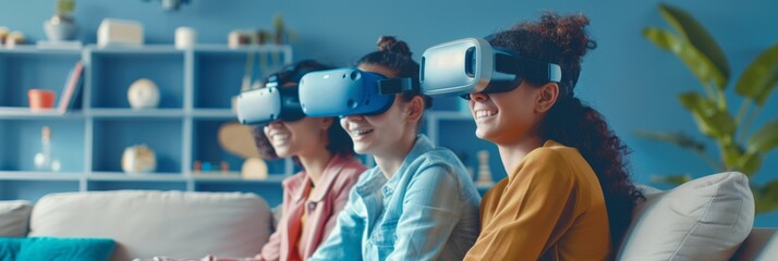 Diverse Group of Young Adults Experiencing Virtual Reality in Modern Living Room