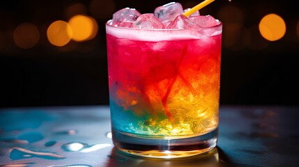 A close-up shot of a colorful cocktail with layers of vibrant liquid, perfect for a summer evening.