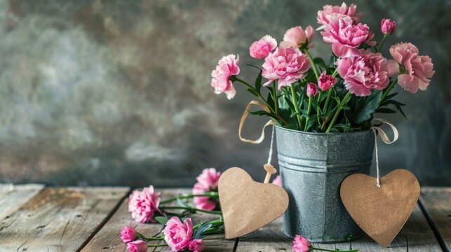 A cheerful Mother s Day message is displayed alongside pink carnations in a charming zinc bucket complemented by a wooden heart and a blank brown card
