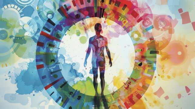 A depiction of the bodys internal clock with different colors representing the different bodily functions and their peak times throughout the day. .