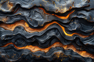 Black and gold marble pattern, with waves of dark gray and orange lines. The background is a detailed abstract design of layered textures and patterns in various styles. Created with Ai