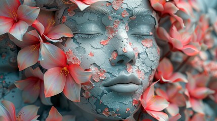 A woman's face made of stone with pink flowers growing out of it.