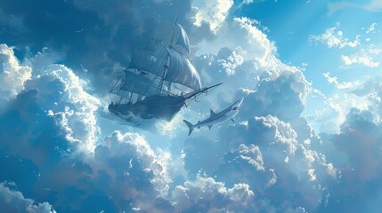 Airship is chased by a shark through the clouds.