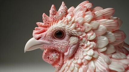 A 3d render of a chicken made out of pink pearls.