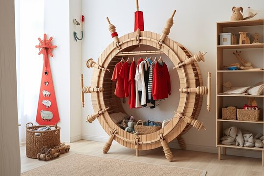 Pirate Ship Theme Children's: Helm Wheel Toy Organizer & Peg Leg Coat Hanger Ideas