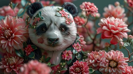 A 3D rendering of a panda made of porcelain with pink flowers.