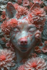 A 3D rendering of a marble fox head with pink flowers growing out of it.