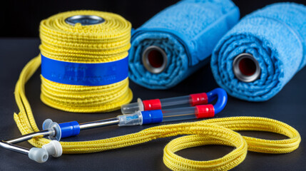A yellow and blue roll of tape is next to a blue and yellow roll of cloth - obrazy, fototapety, plakaty