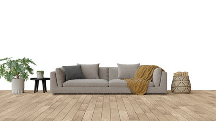 a couch with pillows and a blanket on a wooden floor
