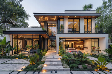 Fototapeta na wymiar Modern house with white walls, black windows and wooden details, modern architecture style, surrounded by lush greenery, stone paths leading to the entrance of the home with car parked in front. 