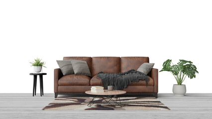 a brown leather couch with pillows and a coffee table