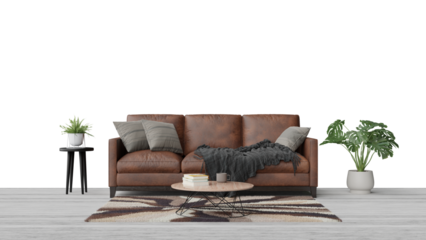 a brown leather couch with pillows and a coffee table