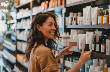 A beautiful woman is smiling and looking at the hair care products on display in front of her, holding one product in hand to check its label and content - obrazy, fototapety, plakaty