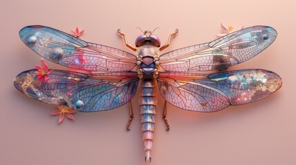 A digital painting of a dragonfly with pink and blue wings and a golden body. The dragonfly is surrounded by small, delicate flowers. The background is a soft, creamy pink.