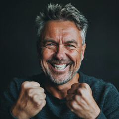 A happy man in his 50s feeling strong and energetic. Testosterone treatment therapy or supplements concept. 