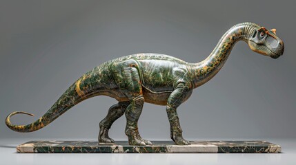 A dinosaur sculpture made of green marble with intricate details and a lifelike appearance.