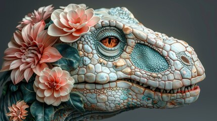 A dinosaur with pink and white flowers growing on its head and neck