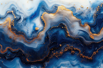  A blue marble pattern with golden veins, featuring an ethereal and dreamy style, flowing watercolor effects, and mysterious light reflections. Created with Ai - obrazy, fototapety, plakaty