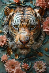A highly detailed painting of a tiger's face, surrounded by a variety of flowers.