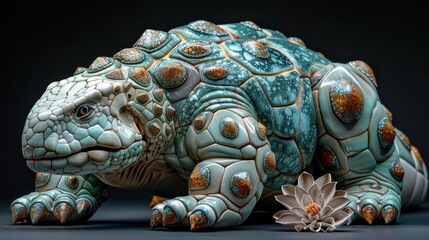 Fototapeta premium A highly detailed render of a ceramic sculpture of an armadillo sitting next to a white flower.