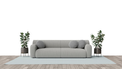 a couch and two planters on a wooden floor