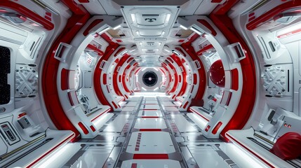 Futuristic red and white spacecraft product pedestal background