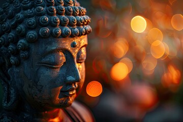 Buddha Purnima and Vesak day concept, Buddha statue with low key light against beautiful and colorful background close up. Meditation copy sapce with generative ai