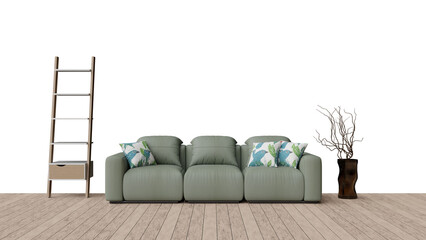 a green couch with pillows and a ladder