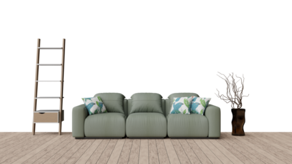 a green couch with pillows and a ladder