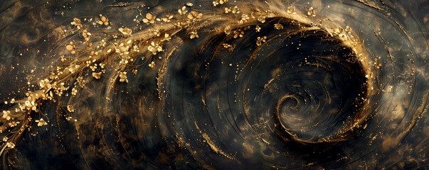 Liquid space swirl of gold particles on black background - obrazy, fototapety, plakaty